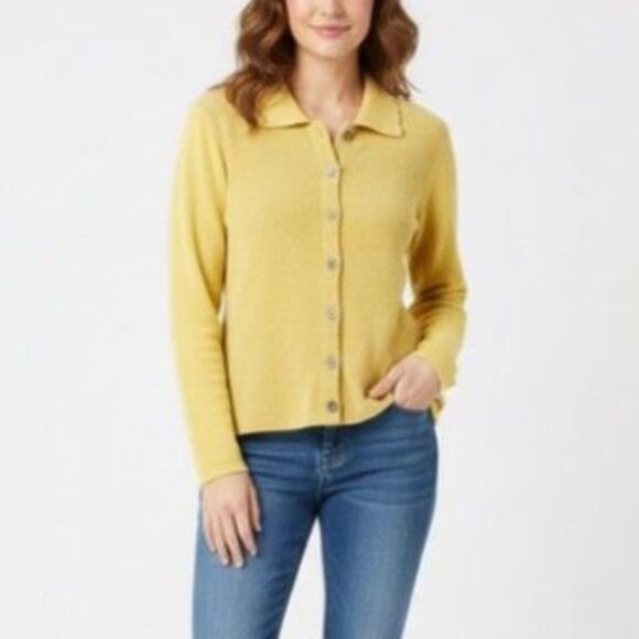 Vintage Susan Bristol Yellow Chenille Front Collared Cardigan Sweater Size M - Picture 1 of 13